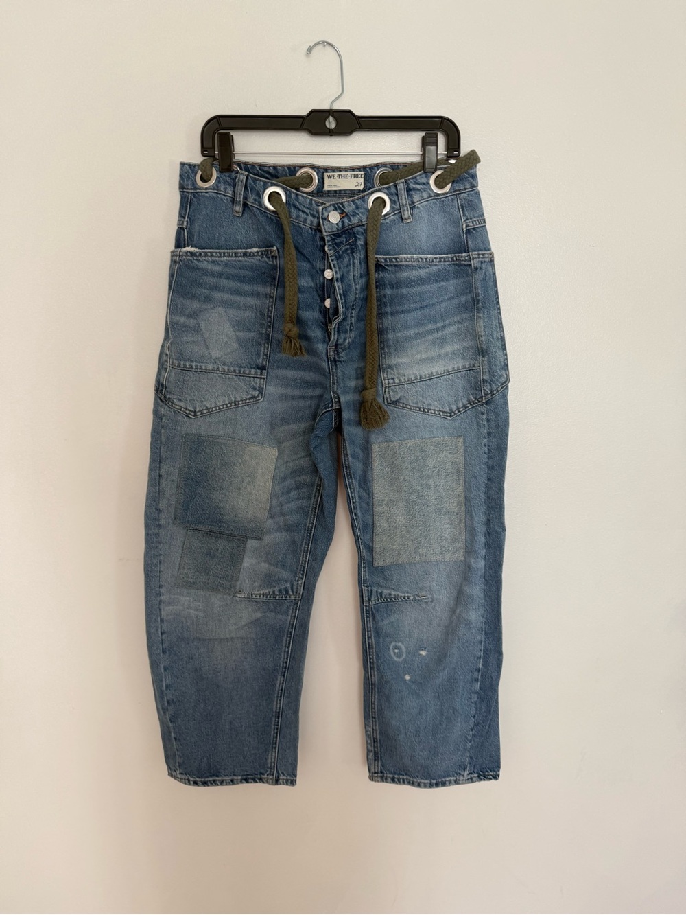 Free People Jeans Moxie Barrel Leg Distressed Green Belted in Truest Blue - Picture 7 of 10